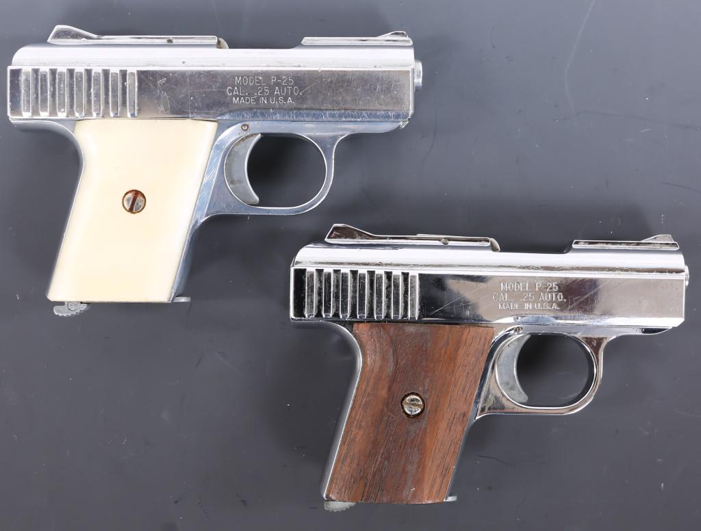 RAVEN ARMS MODEL P-25 .25 AUTO PISTOL LOT OF 2: RAVEN ARMS MODEL P-25 .25 AUTO PISTOL LOT OF 2 Raven Arms Model P-25 .25 Auto Pistol Lot of 2. The pistols each include one magazine. The pistols feature wooden grips & pearlescent grips. Both are chr