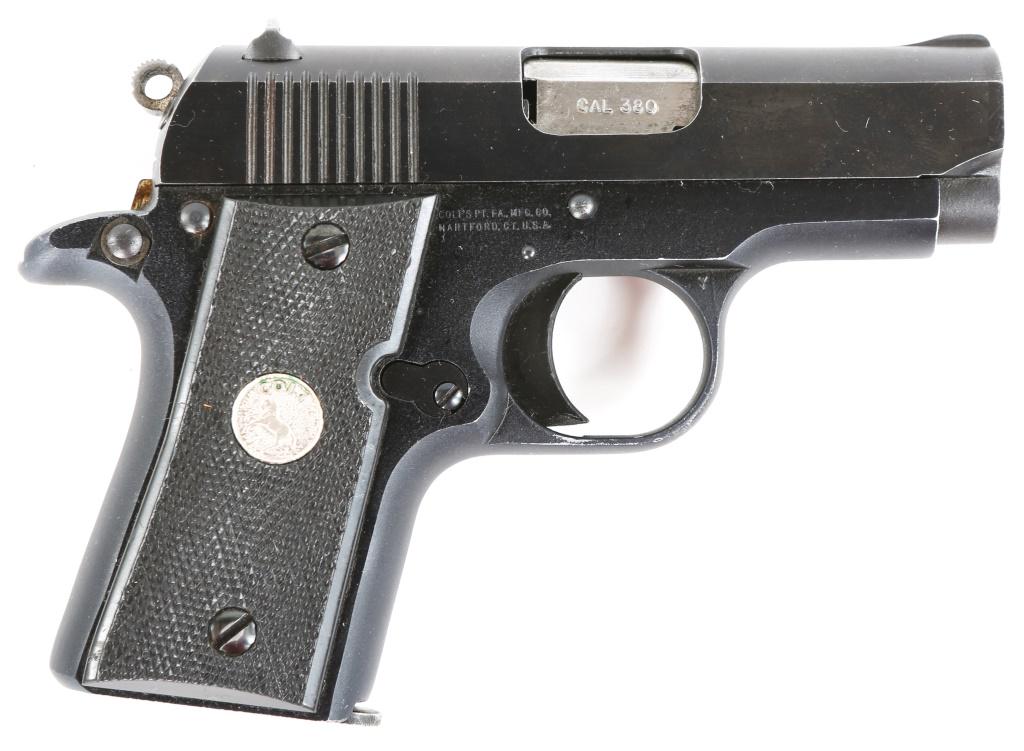 COLT MUSTANG POCKETLITE .380 ACP PISTOL: COLT MUSTANG POCKETLITE .380 ACP PISTOL Colt Mustang PocketLite .380 ACP semi-automatic pistol. One magazine. Black synthetic checkered grips with Colt medallion, blued slide and black finished frame.
