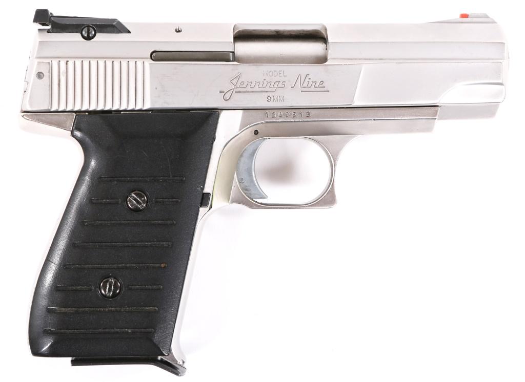 BRYCO ARMS MODEL JENNINGS NINE 9mm PISTOL: BRYCO ARMS MODEL JENNINGS NINE 9mm PISTOL Bryco Arms Model Jennings Nine 9mm Semi-Automatic Pistol. The pistol features one magazine, stainless steel finish, adjustable rear sights, slide serrations a