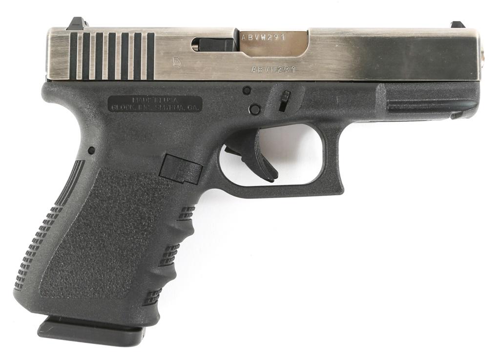 GLOCK MODEL 19 GEN 3 9mm PISTOL: GLOCK MODEL 19 GEN 3 9mm PISTOL Glock model 19 Gen 3 9mm semi-automatic pistol. Black frame and NIB Battleworn finish on slide. Matching serial numbers. One magazine. Caliber / Gauge: 9mm Barrel Lengt
