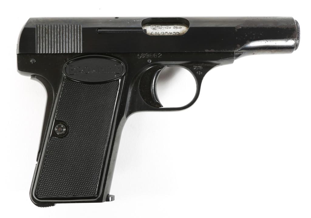 FN BROWNING MODEL 1910 9x17mm PISTOL: FN BROWNING MODEL 1910 9x17mm PISTOL FN Browning model 1910 9x17mm semi-automatic pistol. Black checkered Browning grips, and blued finish. One magazine. Left side of slide reads: "Browning Arms Compa