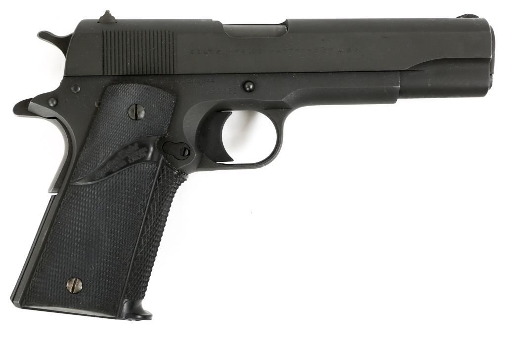 COLT GOVERNMENT MODEL .45 ACP PISTOL: COLT GOVERNMENT MODEL .45 ACP PISTOL Colt Government Model .45 ACP semi-automatic pistol. Signature Model Pachmayr grips, and black finish. Left side of slide reads: "Government Model Colt Automatic C