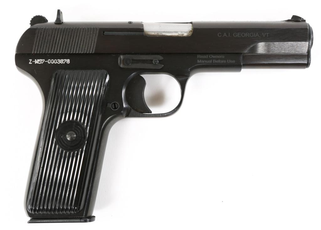 ZASTAVA MODEL 57 TOKAREV 7.62x25mm PISTOL: ZASTAVA MODEL 57 TOKAREV 7.62x25mm PISTOL Zastava model 57 7.62x25mm semi-automatic pistol, in Midway USA shooting bag, with 8 magazines, gun sock, owners manual, and 150rds of Wolf Gold ammunition in