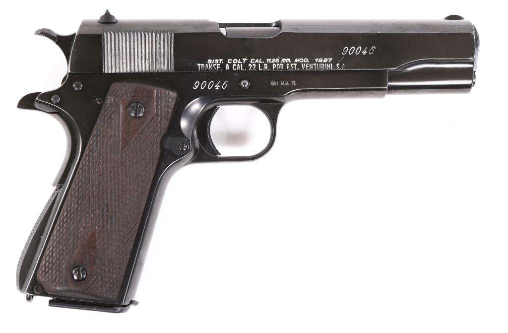 ARGENTINE SISTEMA COLT M1927 CONVERSION PISTOL: ARGENTINE SISTEMA COLT M1927 CONVERSION PISTOL Argentine DGFM-FMAP Sistema Colt model 1927 .22LR semi-automatic Buenos Aires Policia Conversion pistol. Pistol features deep blued finish, checkered wal
