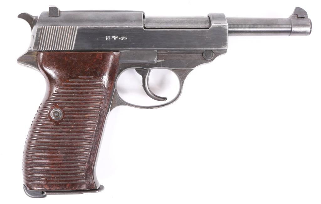WWII GERMAN MAUSER "byf 43" P.38 9mm PISTOL: WWII GERMAN MAUSER "byf 43" P.38 9mm PISTOL WWII German Mauser "byf 43" marked, P.38 9mm semi-automatic pistol. Pistol features blued finish, brown ribbed bakelite grips, 5" barrel, one magazine, and 