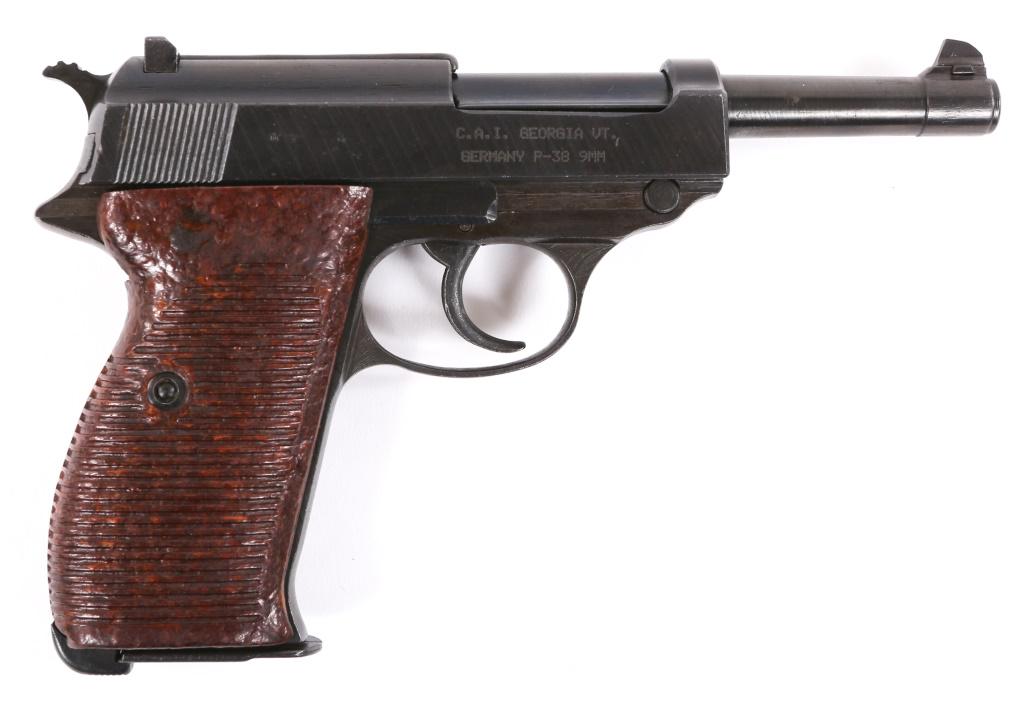 WWII GERMAN SPREEWERK P.38 9mm PISTOL: WWII GERMAN SPREEWERK P.38 9mm PISTOL WWII German Spreewerk model P.38 9mm semi-automatic pistol. Pistol features blued finish, brown ribbed bakelite grips, one magazine and matching serial numbers on