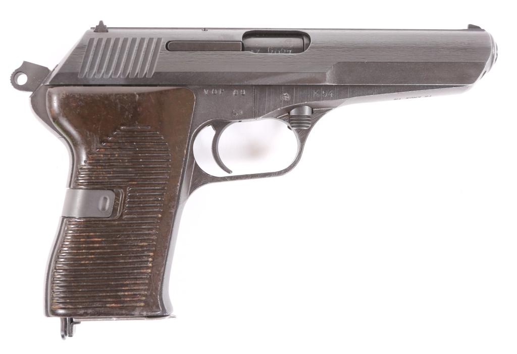 1954 CZECH MODEL VZ-52 7.62x25mm PISTOL: 1954 CZECH MODEL VZ-52 7.62x25mm PISTOL 1954 Czechoslovakian model VZ-52 7.62x25mm semi-automatic pistol, with original leather holster and two magazines. Pistol features blued finish, brown ribbed ba