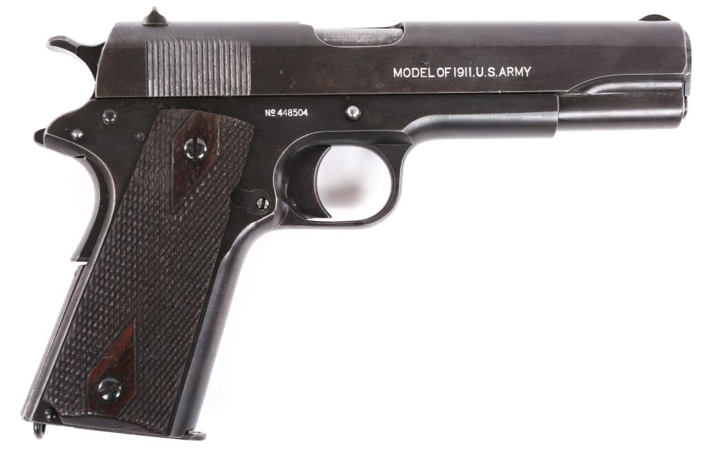 1918 WWI US COLT MODEL 1911 .45 ACP PISTOL: 1918 WWI US COLT MODEL 1911 .45 ACP PISTOL 1918 WWI US Colt model 1911 .45 ACP semi-automatic pistol. Pistol features blued finish, checkered walnut grips, lanyard ring, and one unmarked magazine. Rig