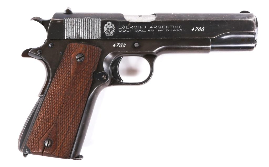 ARGENTINE COLT MODEL 1927 .45 ACP EJERCITO PISTOL: ARGENTINE COLT MODEL 1927 .45 ACP EJERCITO PISTOL Argentine Colt model 1927 .45 ACP semi-automatic Ejercito Argentino pistol. Ejercito Argentino is the Argentine Army. Pistol features blued finish, ch