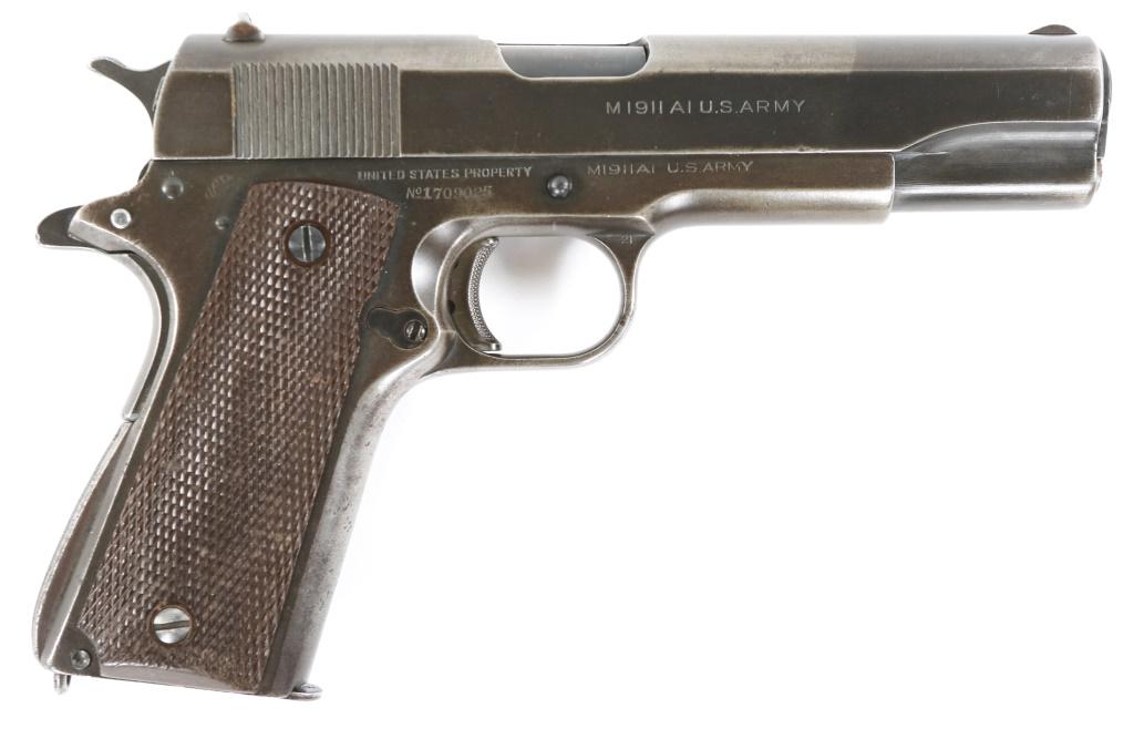 1944 WWII US COLT MODEL 1911A1 .45 ACP PISTOL: 1944 WWII US COLT MODEL 1911A1 .45 ACP PISTOL 1944 WWII US Colt model 1911A1 .45 ACP semi-automatic pistol. Pistol features checkered bakelite grips, and blued finish, lanyard ring, with one magazine.