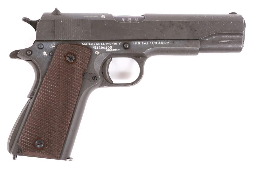 1943 WWII COLT M1911A1 BRITISH LEND / LEASE PISTOL: 1943 WWII COLT M1911A1 BRITISH LEND / LEASE PISTOL 1943 WWII US Colt model 1911A1 .45 ACP semi-automatic British Lend/Lease pistol, with British proof marks. Pistol features parkerized finish, brown c