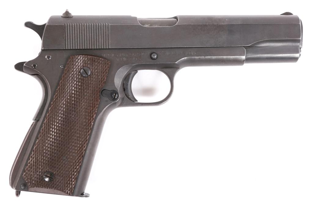 REMINGTON RAND M911A1 2nd SLIDE VARIATION PISTOL: REMINGTON RAND M911A1 2nd SLIDE VARIATION PISTOL 1943 WWII US Remington Rand (2nd Slide Variation) model 1911A1 .45 ACP semi-automatic pistol. Pistol features parkerized finish, brown checkered hard r