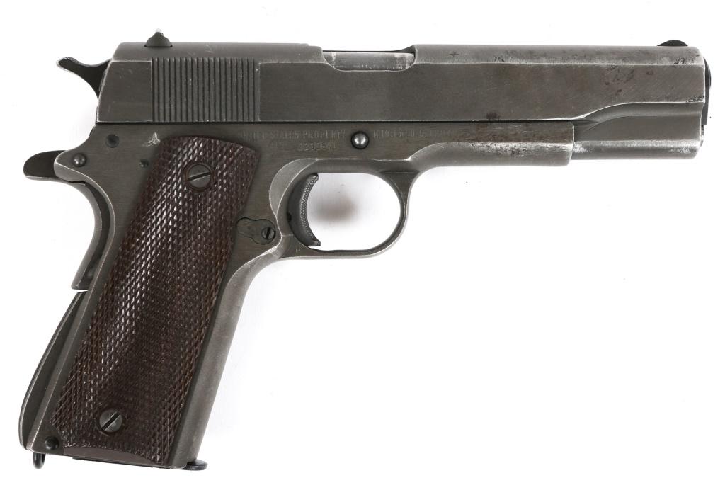 WWII US REMINGTON RAND M1911A1 .45 ACP PISTOL: WWII US REMINGTON RAND M1911A1 .45 ACP PISTOL WWII US Remington Rand model 1911A1 .45 ACP semi-automatic pistol. Pistol features parkerized finish, brown checkered hard rubber grips, lanyard loop, and