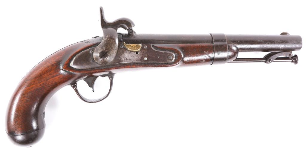 1843 US R. JOHNSON MODEL 1836 CONVERTED PISTOL: 1843 US R. JOHNSON MODEL 1836 CONVERTED PISTOL 1843 US Army Robert Johnson Model 1836 Percussion Pistol. Converted into percussion from flintlock. The pistol features walnut stock, ram-rod, rounded bu