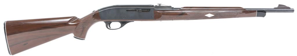 REMINGTON MODEL NYLON 66 .22 LR RIFLE: REMINGTON MODEL NYLON 66 .22 LR RIFLE Remington model Nylon 66 .22 LR semi-automatic rifle. Brown checkered nylon stock, and blued finish. Caliber / Gauge: .22 LR Barrel Length: 19.5" Serial Number: 2
