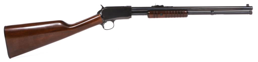 ROSSI M57 GALLERY JR .22 CALIBER RIFLE: ROSSI M57 GALLERY JR .22 CALIBER RIFLE Amadeo Rossi M57 Gallery Jr .22 LR Pump Action Rifle. The rifle features the original box, a dark wood stock and pump action, blued finish, full length magazine 