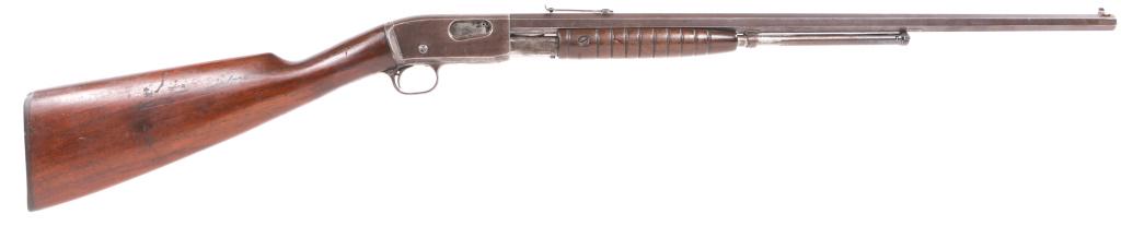 REMINGTON MODEL 12 PUMP ACTION .22 CALIBER RIFLE: REMINGTON MODEL 12 PUMP ACTION .22 CALIBER RIFLE Remington UMC Model 12 Pump Action .22 S-L-LR Rifle. The rifle features octagonal barrel, adjustable rear sight, original Remington UMC butt plate, wal
