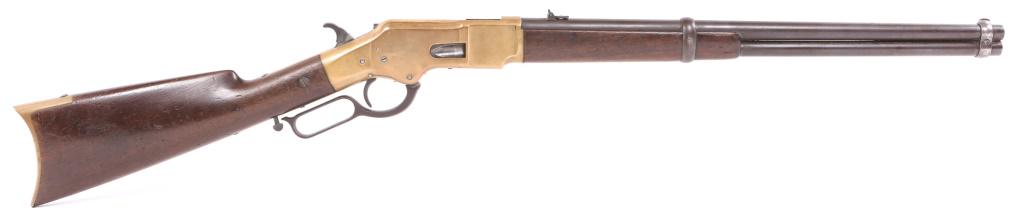 1871 WINCHESTER M1866 44 HENRY SADDLE RING CARBINE: 1871 WINCHESTER M1866 44 HENRY SADDLE RING CARBINE 1871 Winchester model 1866 Henry "Yellow Boy" .44 Henry lever-action saddle ring carbine. Varnished walnut stock with crescent buttplate, blued barre