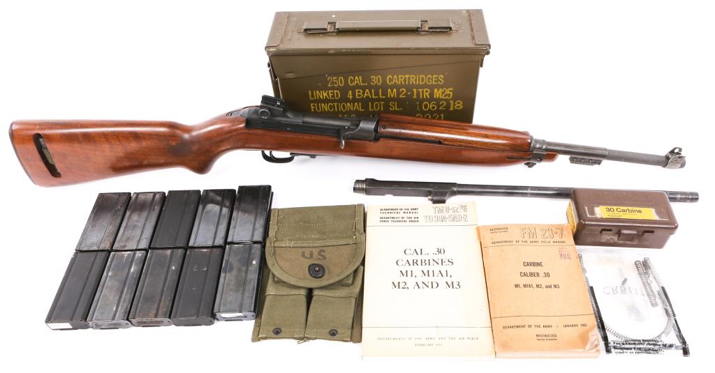 SPRINGFIELD ARMORY M1 CARBINE & ACCS: SPRINGFIELD ARMORY M1 CARBINE & ACCS Springfield Armory M1 Carbine with accessories. The lot includes two barrels. One WWII era Winchester barrel marked "W.R.A 11-42." The other is an unmarked parkeri
