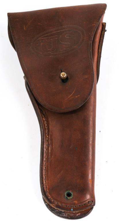 1944 WWII US ARMY MODEL 1916 WARREN HOLSTER: 1944 WWII US ARMY MODEL 1916 WARREN HOLSTER 1944 WWII US Army Model 1916 Warren Leather Holster for M1911 and M1911A1. Marked "U.S. Warren Leather Goods Co. 1944" on the rear. Embossed "US" on the fro