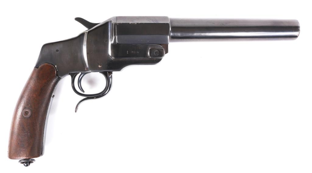1911 GERMAN TESCO HEBEL MODEL 1894 FLARE PISTOL: 1911 GERMAN TESCO HEBEL MODEL 1894 FLARE PISTOL WWI Hebel model 1894 26.5mm flare pistol by Tesco. 16" total length. Imperial German proofs barely legible. Caliber / Gauge: 26.5mm Barrel Length: 9"