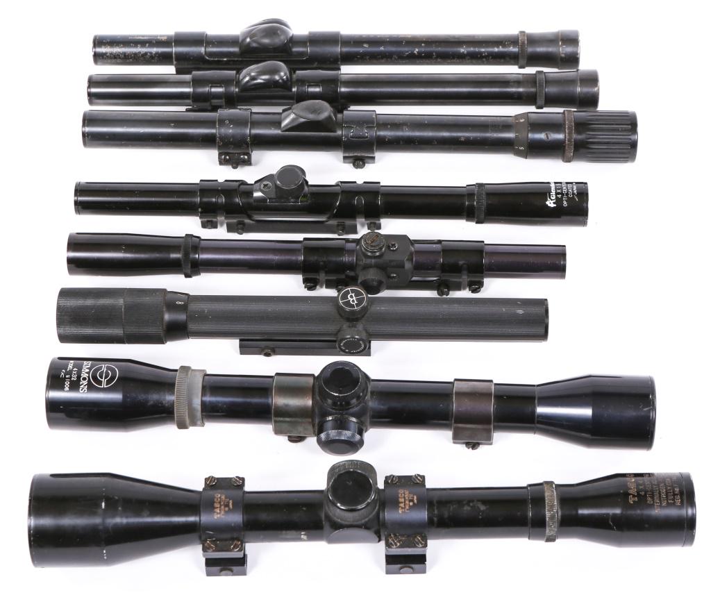 RIFLE SCOPES LOT OF 7: RIFLE SCOPES LOT OF 7 One Tasco 4x40 Opti-centered internally adjustable rifle scope, Simmons 4x32 model #1006, Glenfield 4x15, 22 Bushnell Scope, Revelation 4x15 4G5130 Scope, Two weaver B4 Scopes wi