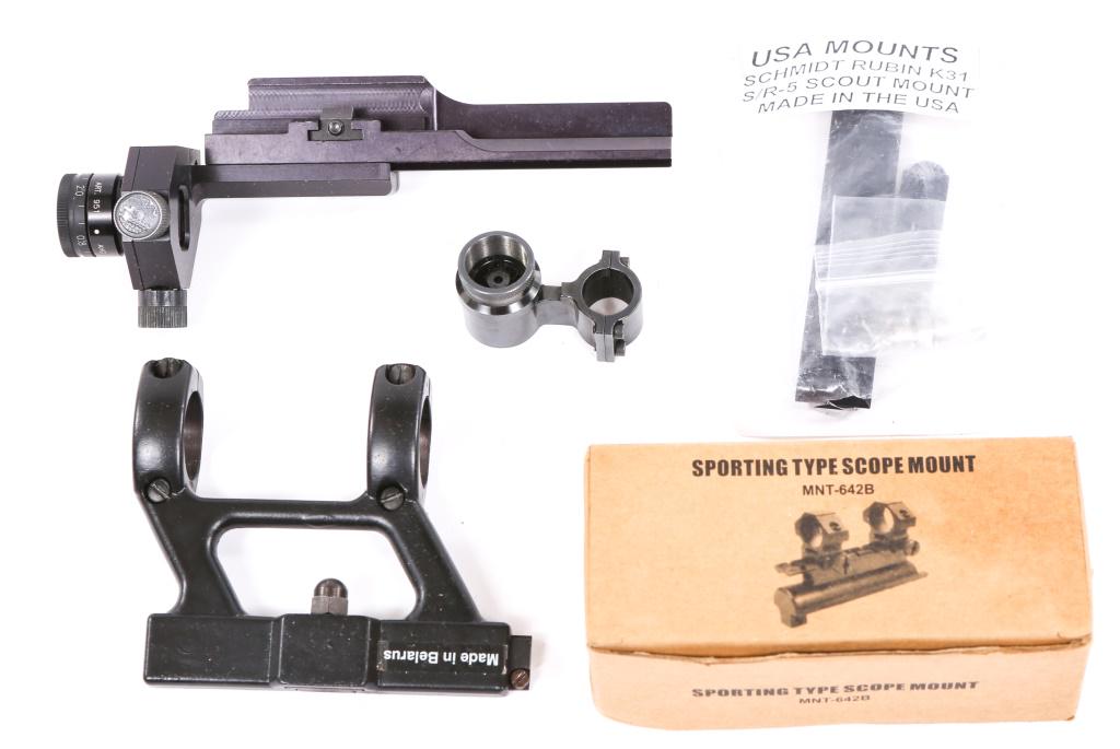 SPORTING RIFLE SCOPE MOUNTS: SPORTING RIFLE SCOPE MOUNTS Unmarked scope mount, sporting type scope mount (MNT-642B), Schmidt Rubin K31 S/R -5 scout mount, Schmidt Rubin K-31 Diopter scope mount.