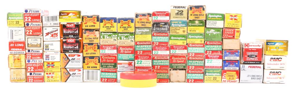 RIM FIRE AMMUNITION LARGE LOT: RIM FIRE AMMUNITION LARGE LOT 72 boxes of .22 caliber ammunition, 3 partial .22 caliber boxes, one partial 6mm box, one partial 17 HMR box. Caliber / Gauge: Mixed