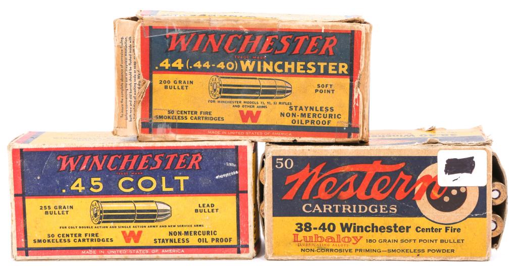 VINTAGE WINCHESTER RIFLE AMMUNITION LOT: VINTAGE WINCHESTER RIFLE AMMUNITION LOT Vintage Winchester Rifle Ammunition Lot. The lot includes 50 rounds of Winchester 38-40 Lubaloy 180 grain, 50 rounds of Winchester .45 Colt 255 grain, approxima