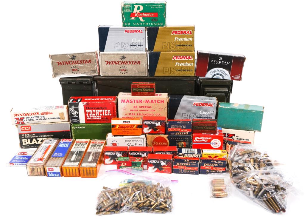 PISTOL AMMUNITION AND AMMO CAN LOT: PISTOL AMMUNITION AND AMMO CAN LOT 39 plus boxes and loose rounds of ammunition to include calibers of 9mm, .22 and .38. Caliber / Gauge: Mixed
