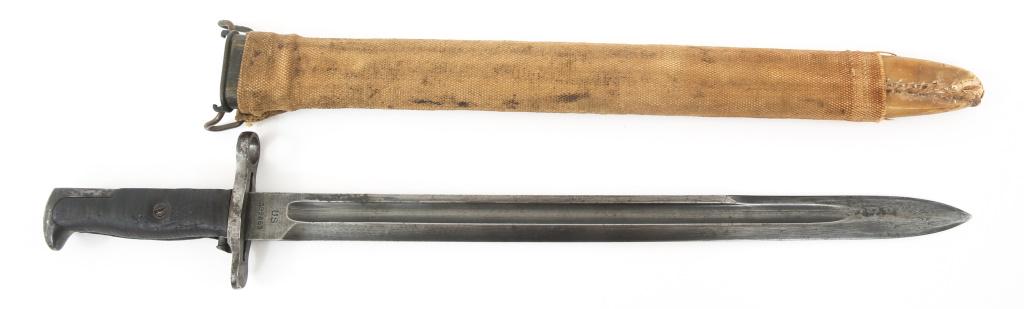 WWI US ARMY M1905 BAYONET WITH CANVAS SCABBARD: WWI US ARMY M1905 BAYONET WITH CANVAS SCABBARD WWI US Army M1905 bayonet by Springfield Arsenal with canvas covered scabbard. Maker mark stamped on one side of the ricasso " S.A, 1909 " with the Flami