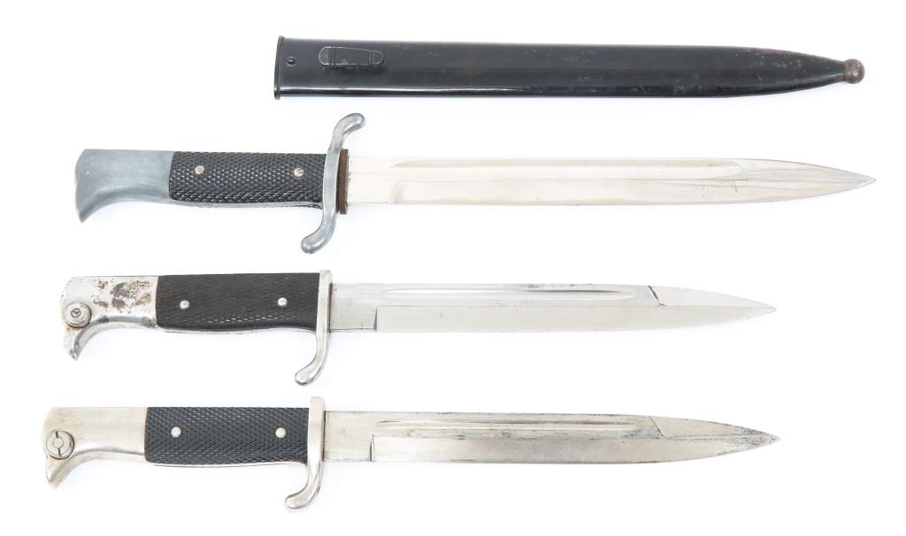 WWII GERMAN K98 DRESS FIRE POLICE BAYONETS LOT: WWII GERMAN K98 DRESS FIRE POLICE BAYONETS LOT (1) K98 Dress Bayonet marked with faint maker's mark to ricasso. (2) K98 Dress Bayonet Eickhorn maker's mark to ricasso. (3) Fire Police Bayonet with S-q