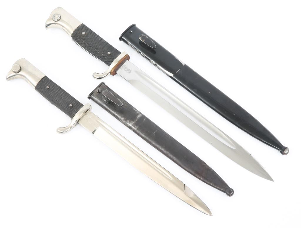 WWII GERMAN K98 DRESS BAYONETS LOT OF 2: WWII GERMAN K98 DRESS BAYONETS LOT OF 2 Lot of 2 WWII German K98 Dress Bayonets with Scabbards. (1) K98 Dress Bayonet. Bright polished blade by WKC as marked on ricasso. Black lacquered scabbard. Leat