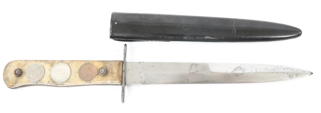 WWII GERMAN LUFTWAFFE BOOT KNIFE LUCITE HANDLE: WWII GERMAN LUFTWAFFE BOOT KNIFE LUCITE HANDLE WWII German Luftwaffe boot knife. Lucite handle affixed with dual rivets, with 6 inserted coins. Ricasso of blade is stamped with the "5" acceptance mark