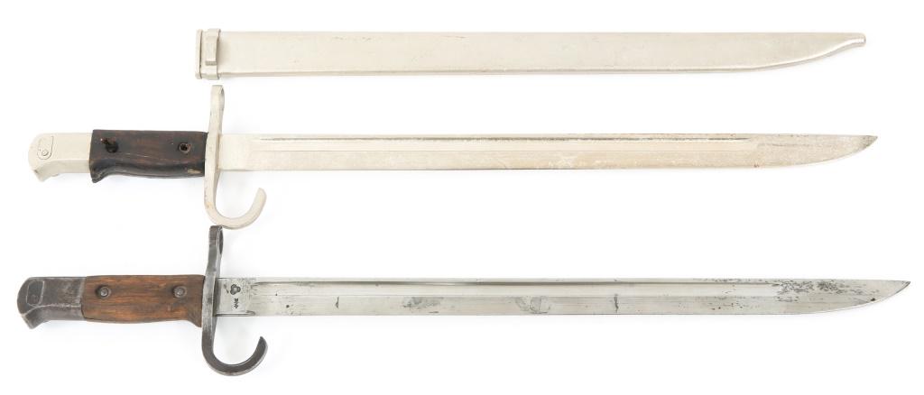 WWII JAPANESE TYPE 30 ARISAKA BAYONETS LOT OF 2: WWII JAPANESE TYPE 30 ARISAKA BAYONETS LOT OF 2 (1) Bayonet marked ricasso with the Matsushita Kinzoku KK Arsenal (National Denki) mark. (2) Chrome finish parade dress bayonet with marked ricasso with