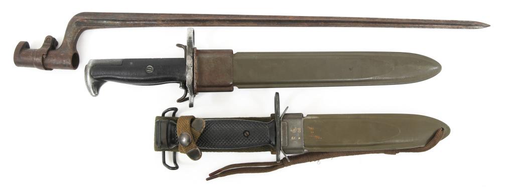 US & SWISS RIFLE BAYONETS LOT OF 3: US & SWISS RIFLE BAYONETS LOT OF 3 1- Swiss model M1863 Socket Bayonet, numerically marked on the base. 1- US M1 Garand bayonet Union Cutlery manufacture with ordnance symbol marked on ricasso. Accomp