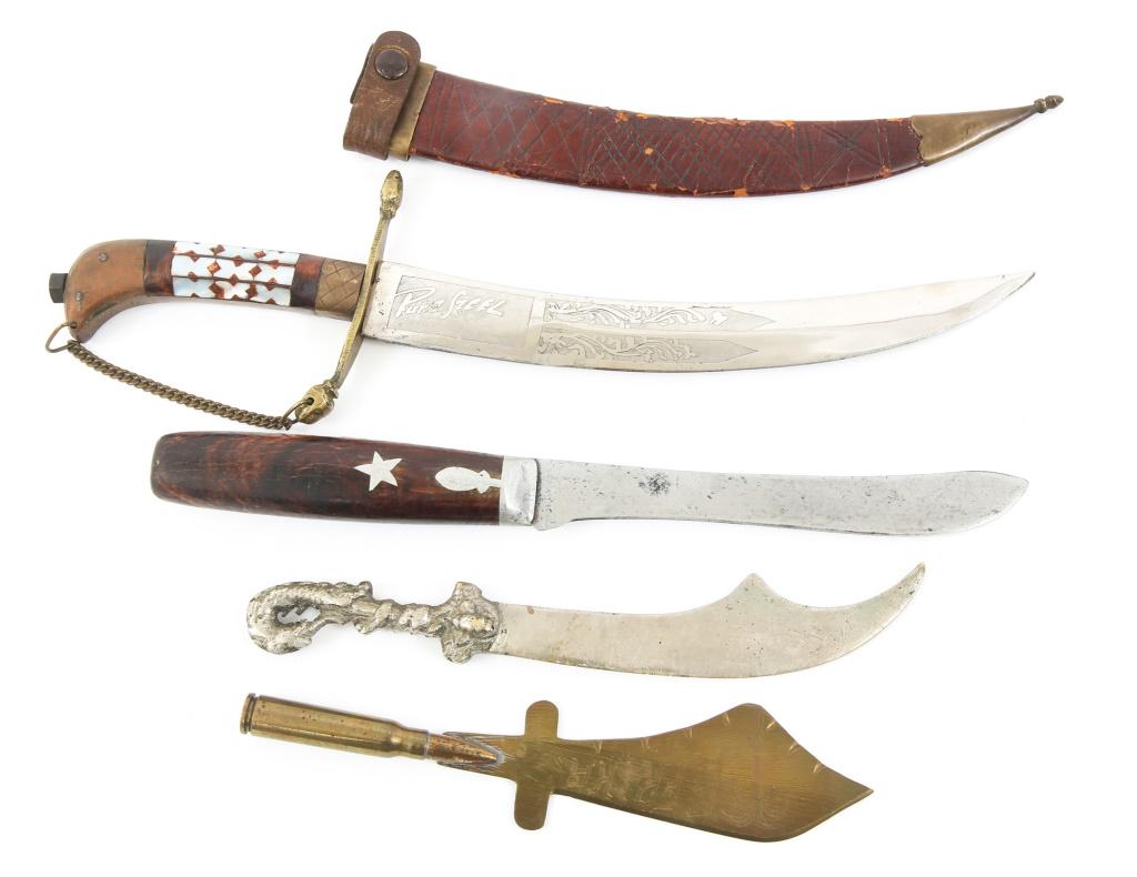WWII GERMAN TRENCH ART & FIXED BLADE KNIVES LOT: WWII GERMAN TRENCH ART & FIXED BLADE KNIVES LOT (1) Etched blade "Pure Steel" cutlass style curved blade with sheath. (2) Straight fixed blade knife with star handle insert. (3) Trench art letter open