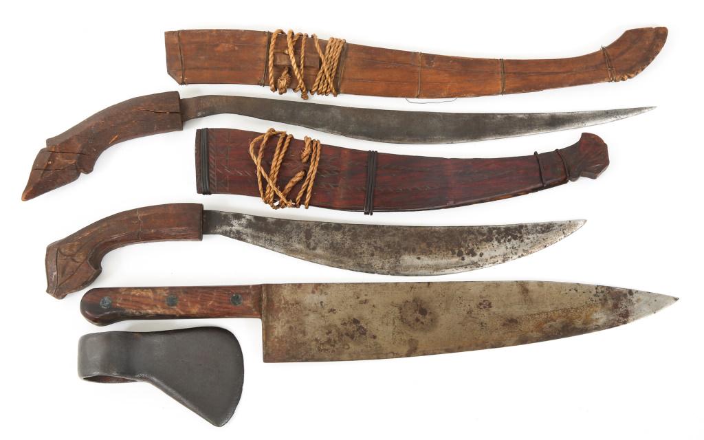 WWII ERA PHILIPPINE BOLO US BUTCHER KNIFE & AXE: WWII ERA PHILIPPINE BOLO US BUTCHER KNIFE & AXE Two traditional US Vet bring back, Philippine bolo knives with wooden sheaths, unmarked axe head & US "Kutmaster" Marked butcher knife. Blade Length: 12