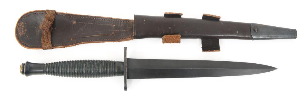 WWII FAIRBAIRN SYKES 3RD PATTERN FIGHTING KNIFE: WWII FAIRBAIRN SYKES 3RD PATTERN FIGHTING KNIFE WWII Fairbairn Sykes 3rd Pattern Fighting Knife accompanied by Leather Sheath. Blued blade, visible cross grain, sharp edge. 2 inch Oval Guard marked "E