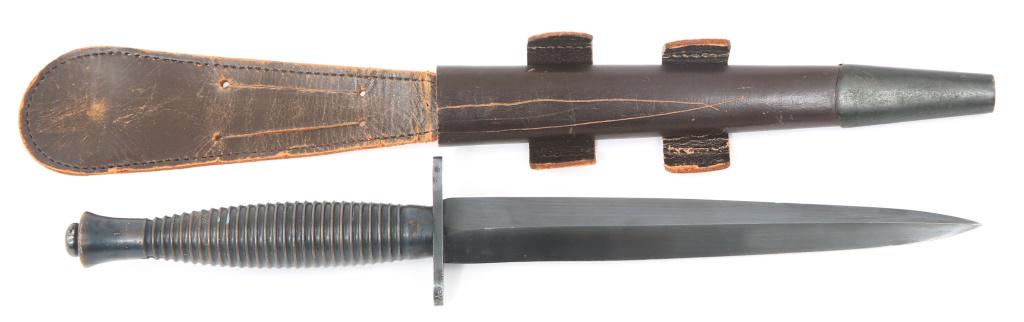 WWII FAIRBAIRN SYKES 3RD PATTERN FIGHTING KNIFE: WWII FAIRBAIRN SYKES 3RD PATTERN FIGHTING KNIFE WWII Fairbairn Sykes 3rd Pattern Fighting Knife accompanied by Leather Sheath. Blued blade, sharp edge. 2 inch Oval Guard marked toward handle double st