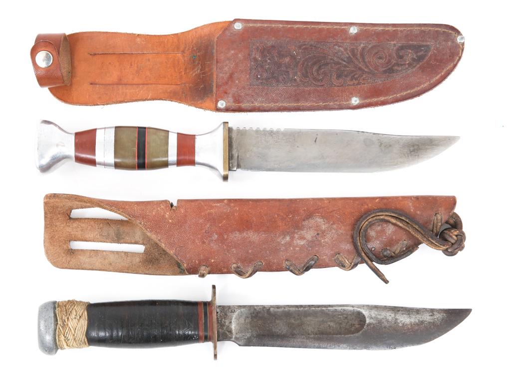 WWII US ARMED FORCES CUSTOM & UTILITY KNIFE LOT: WWII US ARMED FORCES CUSTOM & UTILITY KNIFE LOT 1- Marbles Ideal 6" blade with custom leather scabbard. Stamped " Marble's Glastone, Mich, U.S.A. " on the ricasso. Brass guard, staked leather handle w