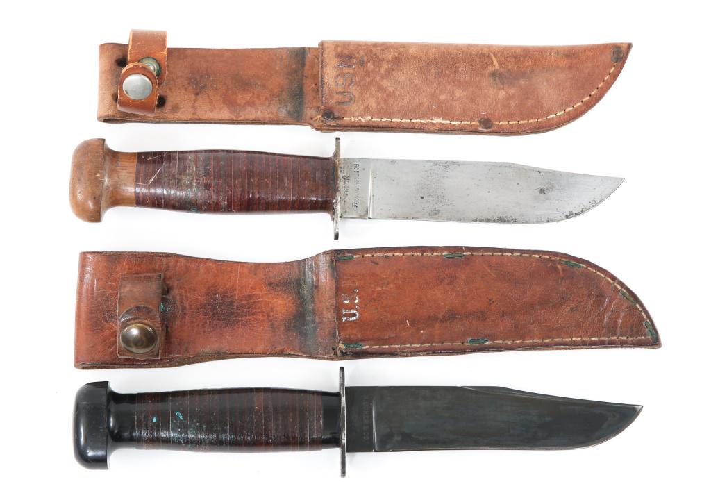 WWII USN MK1 UTILITY KNIFE LOT OF 2: WWII USN MK1 UTILITY KNIFE LOT OF 2 1- USN Mk1 utility knife, stamped on the ricasso " H. Boker & Co, USA " and " USN " on the reverse. Blue blade, steel guard , black plastic / bakelite pommel and lo