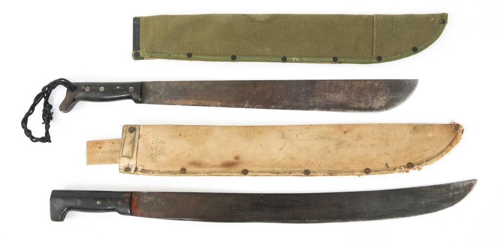 WWII US LEGITIMUS & COLLINS CO. MACHETE LOT OF 2: WWII US LEGITIMUS & COLLINS CO. MACHETE LOT OF 2 M1942 Pattern machetes. (1) Marked "U.S LEGITIMUS COLLINS & CO" 21.5" blade, 26.75" in total length. In khaki canvas sheath marked "U.SN. Mk. 2" near t