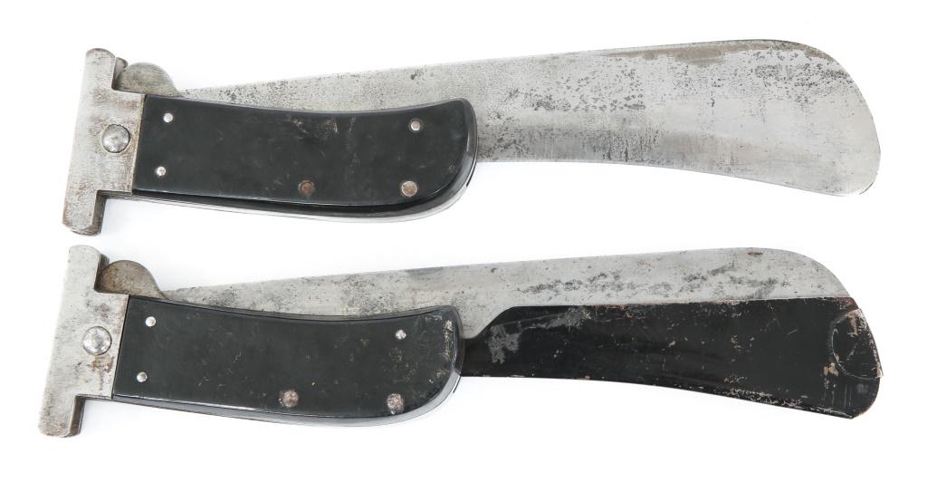 WWII US AAF CATTARAUGUS SURVIVAL FOLDING MACHETE: WWII US AAF CATTARAUGUS SURVIVAL FOLDING MACHETE Lot of 2 US Army Air force survival folding machetes. Both stamped on the blade " Cattaraugus USA ". One blade cover missing. Blade Length: 10" Overall