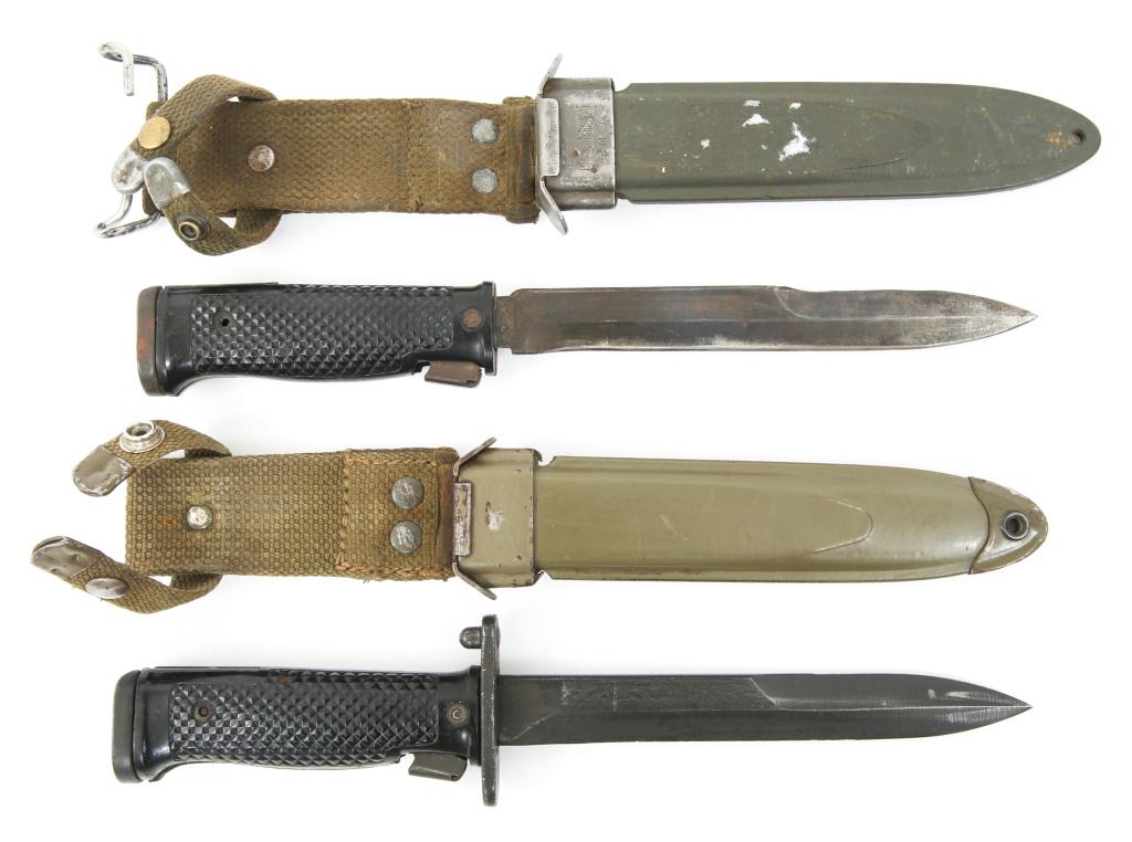 US M5 BAYONET WITH M8A SCABBARD LOT OF 2: US M5 BAYONET WITH M8A SCABBARD LOT OF 2 (1) Marked " U.S. M5A1MILPAR COL ", on the top of the crossguard, unmarked scabbard. (2) Missing crossguard, scabbard is marked " U.S M8A1 B.M.CO " with belt h
