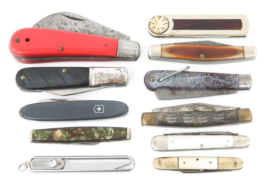 VINTAGE POCKETKNIVES LOT KERSHAW BARLOW BOKER: VINTAGE POCKETKNIVES LOT KERSHAW BARLOW BOKER Lot includes Christy retracting knife, Kershaw, pair of Robeson MOP handle knives, two - blade Victorinox Swiss Army knife, Two - Blade Old timer, Klien t