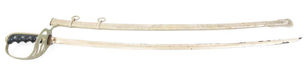 ETCHED US ARMY M1902 DRESS SWORD BY N.S. MEYER: ETCHED US ARMY M1902 DRESS SWORD BY N.S. MEYER US Army Officer M1902 dress sword, Etched blade on both sides. Finger grooved handle. Proof mark on one side of ricasso with maker mark "Trade SPARTAN Ma