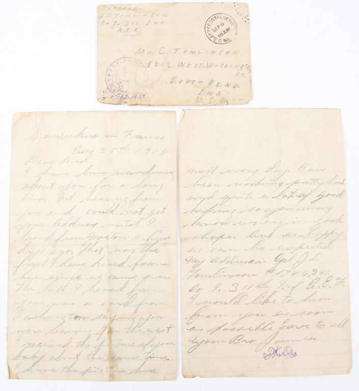 WWI LETTER - J.D. TOMLINSON, 311TH INFANTRY, CO. I: WWI LETTER - J.D. TOMLINSON, 311TH INFANTRY, CO. I Letter from Private First Class James D. Tomlinson in France to his brother C. Tomlinson in South Bend, Indiana, dated August 25, 1918. The letter de
