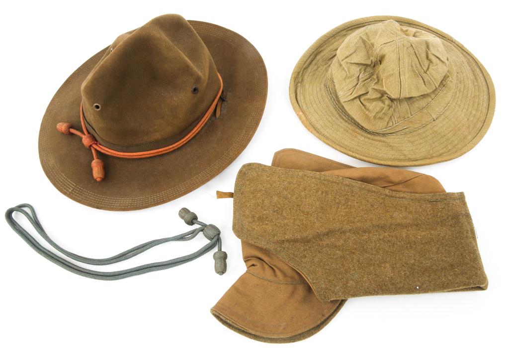 WWI US ARMY M1907 & CAMPAIGN HATS LOT OF 3: WWI US ARMY M1907 & CAMPAIGN HATS LOT OF 3 Lot of 3 WWI US Army Hats. (1) WWI enlisted / NCO 5 raw stitching campaign Hat, with two cords. Size: 7 1/8. (1) M1907 wool lined winter cap, khaki. Dated 19