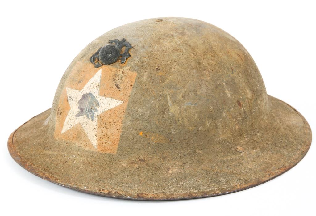 WWI USMC EGA 5TH MARINES 2ND INFANTRY DIV HELMET: WWI USMC EGA 5TH MARINES 2ND INFANTRY DIV HELMET WWI US doughboy helmet with the USMC EGA emblem and the hand painted divisional insignia of the 2nd Battalion 5th Marines below (attached to the 2nd In